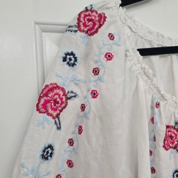 Women Plus Sz 2X Embroidered Peasant Blouse White Pink Floral Boho Linen Resort - Picture 3 of 9